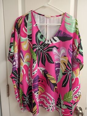 Vibrant Pink Tropical Print V-Neck Blouse